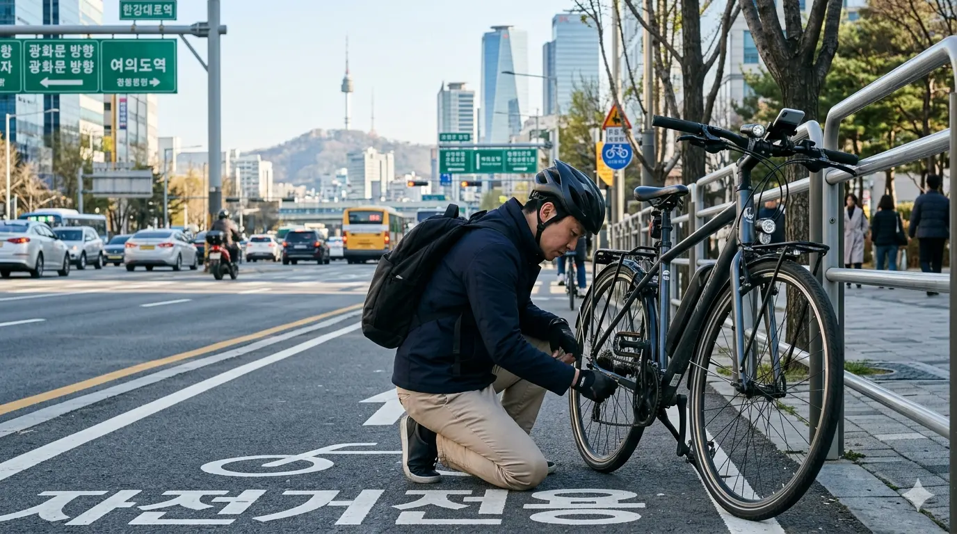 자전거 출퇴근 다이소 서울 도심 자전거도로에서 출퇴근 중인 직장인 남성이 잠시 멈춰 체인 상태를 확인한다