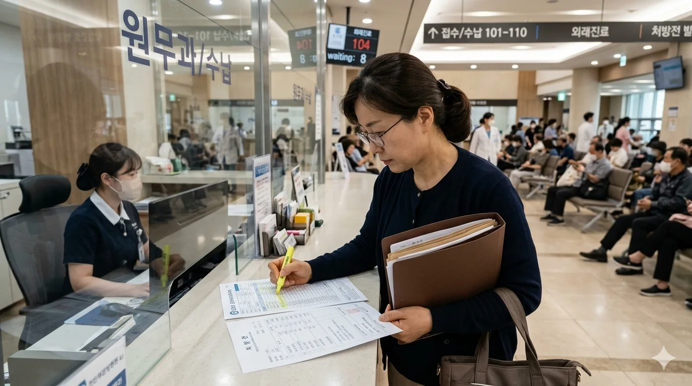 표적항암제 비급여 원무과 창구에서 진료비 세부내역서와 처방전을 꼼꼼히 비교하는 여성 보호자이다