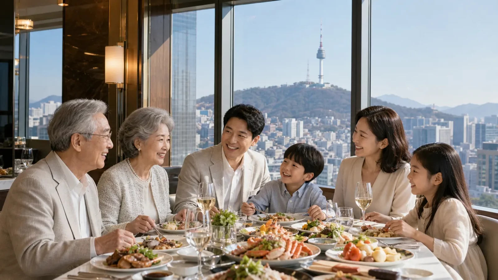 호텔 뷔페 할인 라운지 뷔페 창가 좌석에서 70대 부모님과 40대 아들 가족이 즐겁게 식사한다