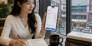 SCHD 배당성장 투자 스마트폰 증권 앱에서 SCHD 분기 배당금 입금 내역을 확인하며 재투자 계획을 메모하는 여성이다