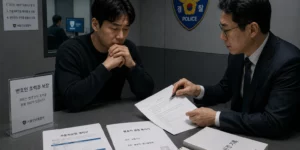 교통사고 경찰조사 경찰서 조사실에서 변호사와 함께 서류 검토하는 운전자