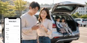 다자녀 자동차 취득세 두 아이를 태운 패밀리 SUV 앞에서 스마트폰으로 취득세 계산기를 확인하는 30대 부부