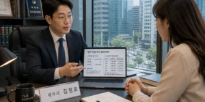 리스 만료 인수 세무사 사무실에서 법인 차량 인수 절세 전략을 설명받는 개인사업자 여성