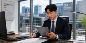 리스 승계 대행 서류를 꼼꼼하게 체크하는 직원이다. 실제 사무실에서 작업 중이다.