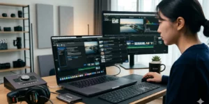 맥북 프로 영상 편집 화면에 Final Cut Pro 설정 창과 ProRes 트랜스코딩 대기열이 보이는 영상 편집 최적화 작업 장면