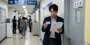 성범죄 변호사 선임비 경찰서 조사실 앞에서 보험 약관 서류와 변호사 명함을 들고 고민한다