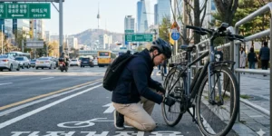 자전거 출퇴근 다이소 서울 도심 자전거도로에서 출퇴근 중인 직장인 남성이 잠시 멈춰 체인 상태를 확인한다