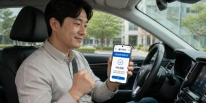착한운전 마일리지 스마트폰으로 정부24 앱에 접속해 착한운전 마일리지 서약을 완료하고 안도한다