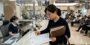 표적항암제 비급여 원무과 창구에서 진료비 세부내역서와 처방전을 꼼꼼히 비교하는 여성 보호자이다