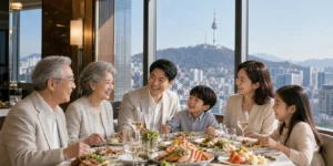 호텔 뷔페 할인 라운지 뷔페 창가 좌석에서 70대 부모님과 40대 아들 가족이 즐겁게 식사한다