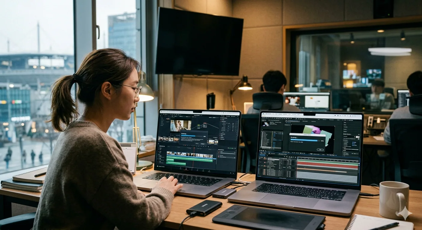 맥북 프로 4K 편집 맥북 프로 두 대 나란히 렌더링 중인 화면, 편집실 20대 후반 여성 디자이너