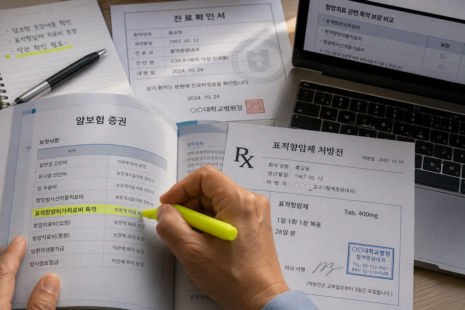 암보험 표적항암허가치료비 책상 위에 펼쳐진 암보험 증권과 표적항암제 처방전