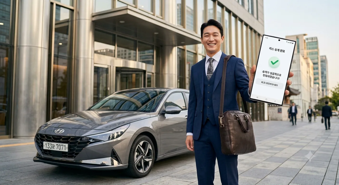 자동차 리스 승계 오피스 빌딩 앞에서 세련된 준중형 세단과 함께 환하게 웃고 있는 사회초년생 남성