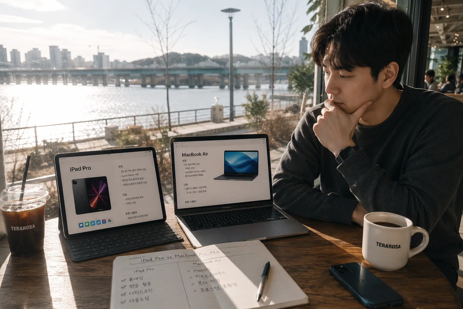 4K 영상 편집 아이패드 한강 카페 책상에서 아이패드 프로와 맥북 에어 비교 책상 옆 남성이다
