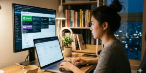 AI 블로그 워드프레스 대시보드와 구글 애드센스 수익 화면, 책상 위 커피잔이 있다