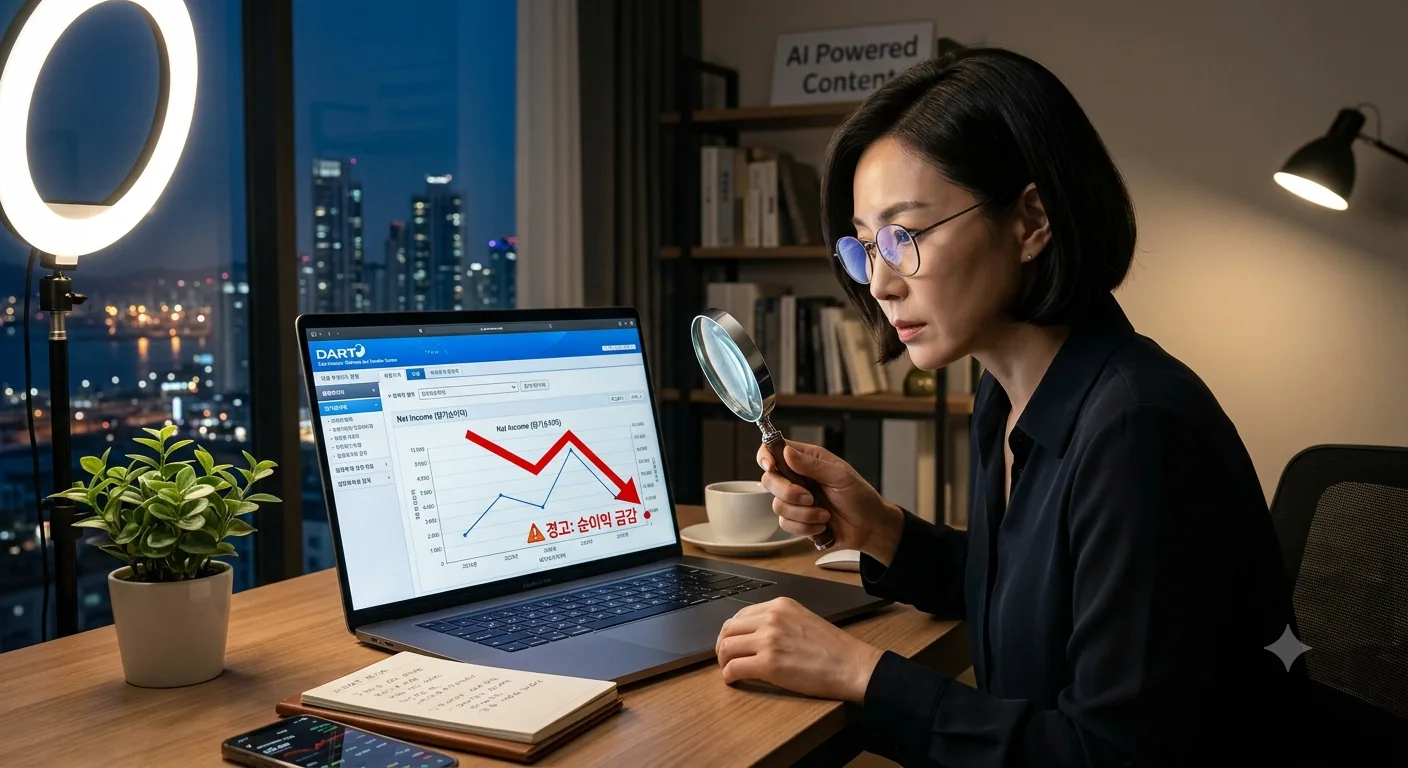 DART 공시 읽는 법 노트북 화면에 DART 공시 재무제표 그래프와 붉은색 경고 화살표가 띄워져 있다