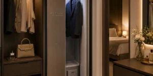 LG 스타일러 맞벌이 신혼 드레스룸, LG 스타일러 오브제 클레이브라운, 정장 걸린 상태