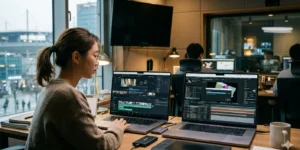 맥북 프로 4K 편집 맥북 프로 두 대 나란히 렌더링 중인 화면, 편집실 20대 후반 여성 디자이너
