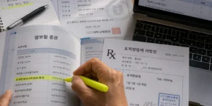암보험 표적항암허가치료비 책상 위에 펼쳐진 암보험 증권과 표적항암제 처방전