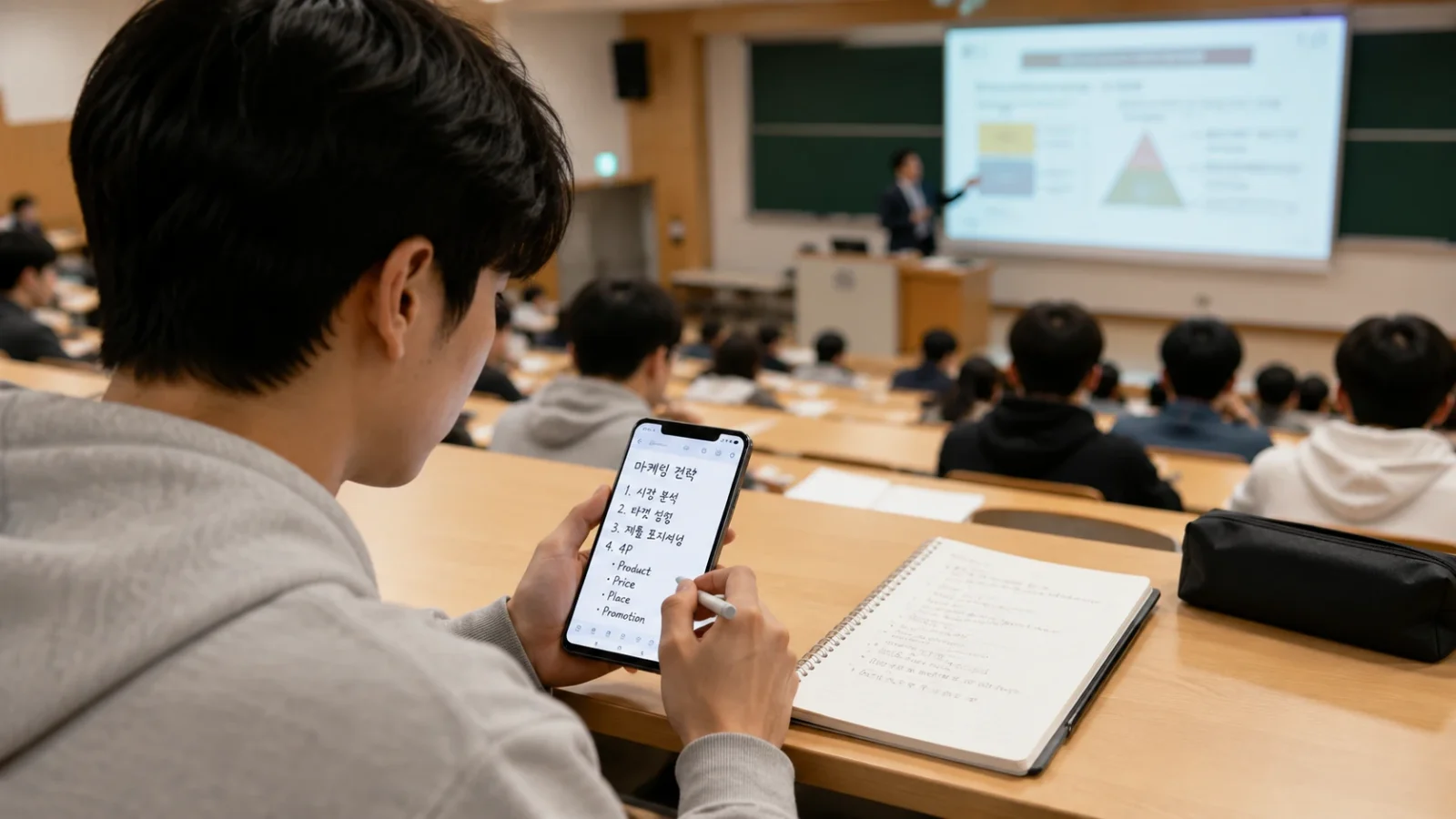 갤럭시 S26플러스 자급제 강의실에서 필기, 문서작업 중인 대학생이다.
