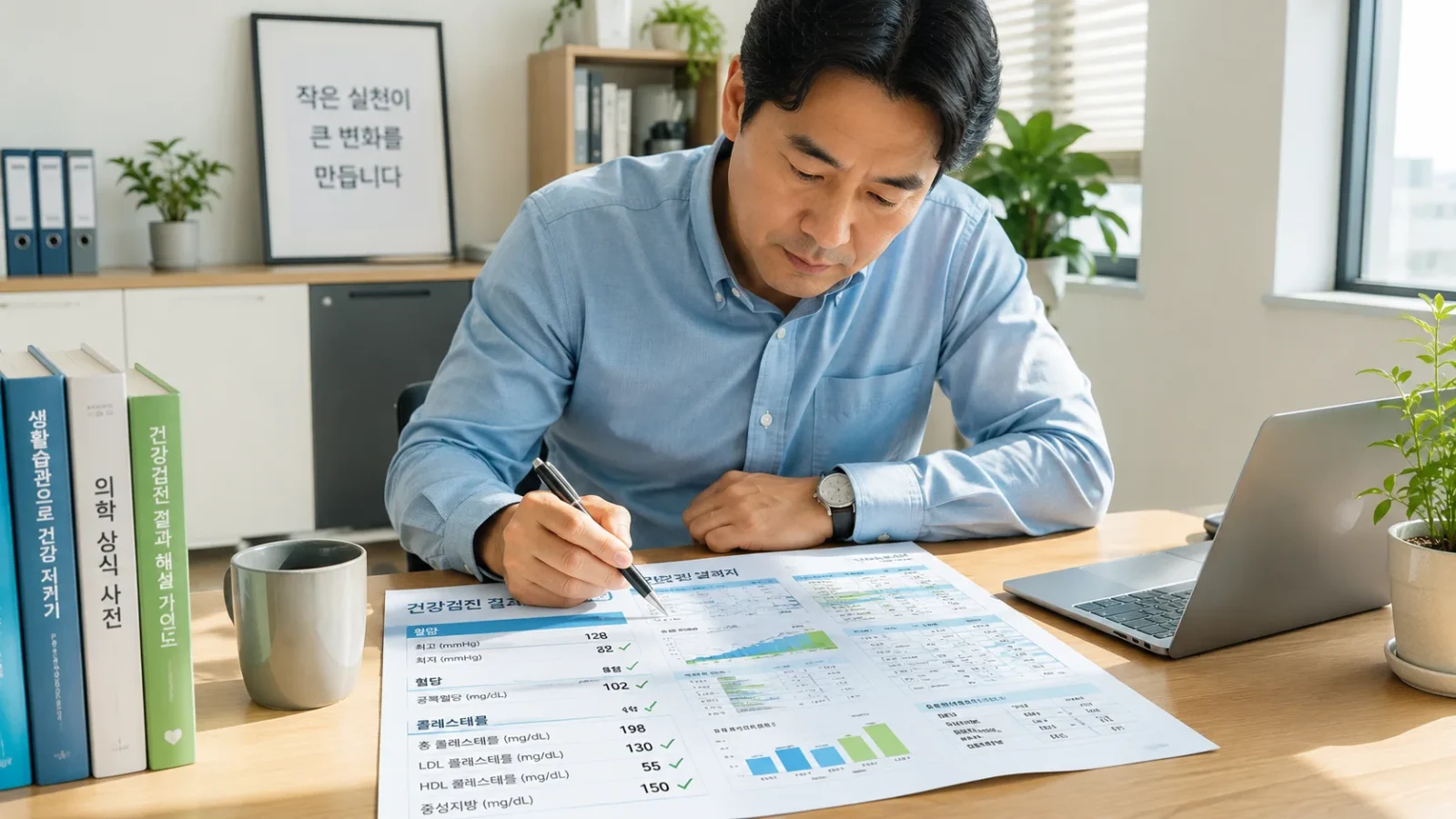 건강검진 결과지 책상 위에 펼쳐놓고 혈압·혈당·콜레스테롤 수치를 볼펜으로 체크하는 40대 남성