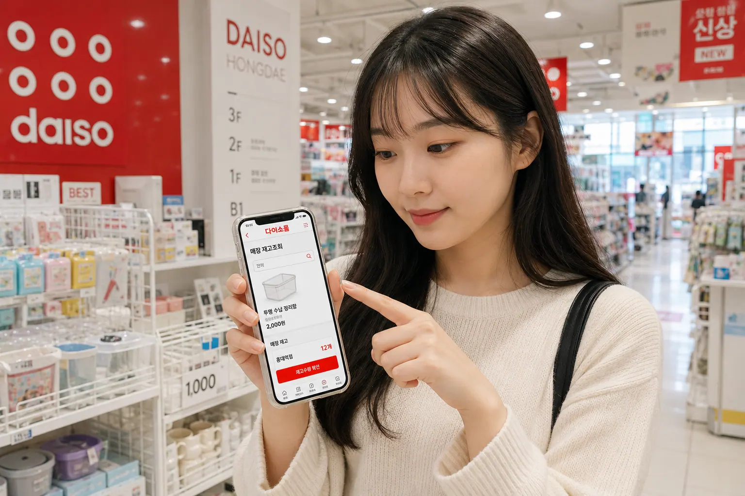다이소 재고조회 스마트폰 다이소몰 앱으로 매장 재고조회 화면 보는 20대 여성