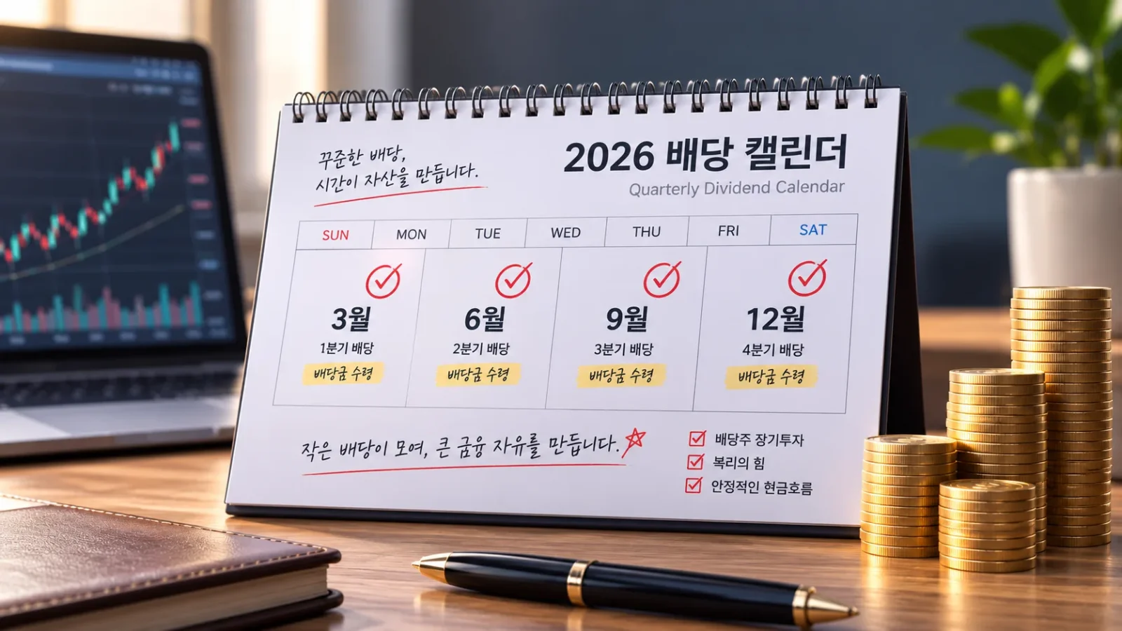 삼성전자 배당금지급일 달력에서 표시해 책상에 있다.