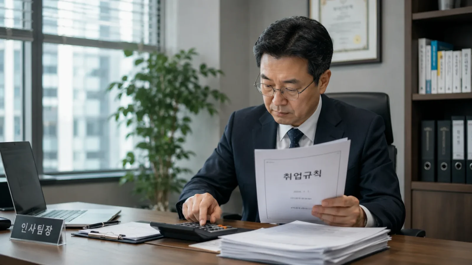 임금피크제 대상자 취업규칙 서류를 살펴보며 계산기를 두드리는 중년 직장인의 모습