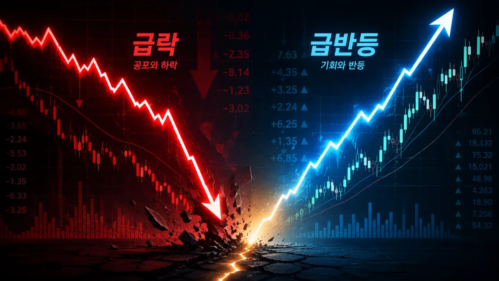 2026 반도체 우량주 사이클 주식 급락과 급반등을 대비시킨 시네마틱 차트
