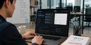 AI 앱 빌더 맥북 화면에 Replit 앱 빌더 인터페이스, 중소기업 사무실
