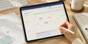 굿노트 디지털 플래너 아이패드로 굿노트 플래너 디자인하는 책상 위 작업 화면
