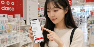 다이소 재고조회 스마트폰 다이소몰 앱으로 매장 재고조회 화면 보는 20대 여성