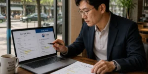 리스 승계 지원금 카페 창가에서 노트북으로 리스 승계 계약서와 국세청 가이드를 비교하며 꼼꼼히 체크하는 40대 남성의 모습