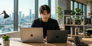 맥북 에어 M5 프로 성능 사무실에서 테스트하는 남성이다.