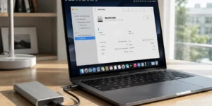 맥북 외장 SSD 인식 연결하는 책상 위 컴퓨터