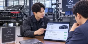 수입차리스 승계 워런티 수입차 서비스 센터 내부에서 정비사가 태블릿 PC를 이용해 럭셔리 세단의 워런티 데이터를 고객에게 설명하는 모습