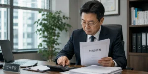 임금피크제 대상자 취업규칙 서류를 살펴보며 계산기를 두드리는 중년 직장인의 모습
