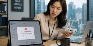 한컴독스 클라우드 동기화 저장 오류 팝업창이 떠 있고, 옆에서 당황한 표정으로 네트워크를 체크한다