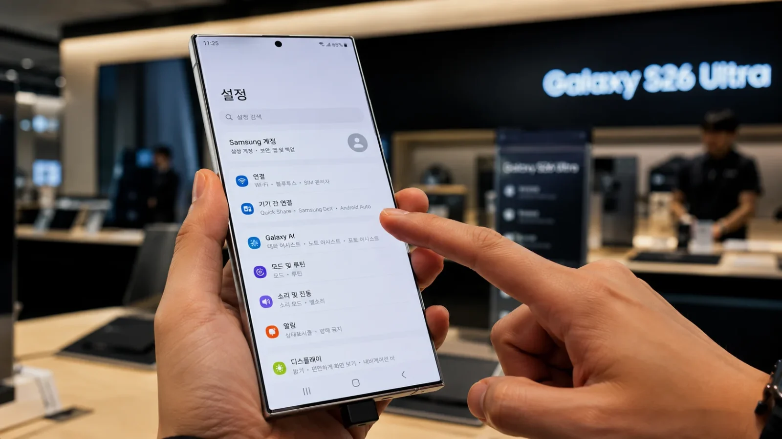 갤럭시 S26 울트라 대리점에서 설정하는 모습이다.