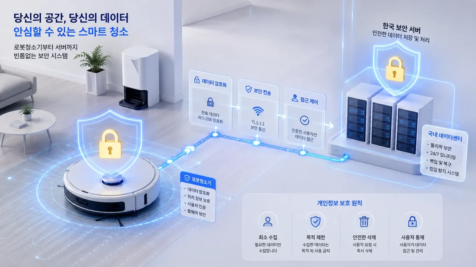 로봇청소기 보안 기술을 한 눈에 보는 그래픽 이미지이다