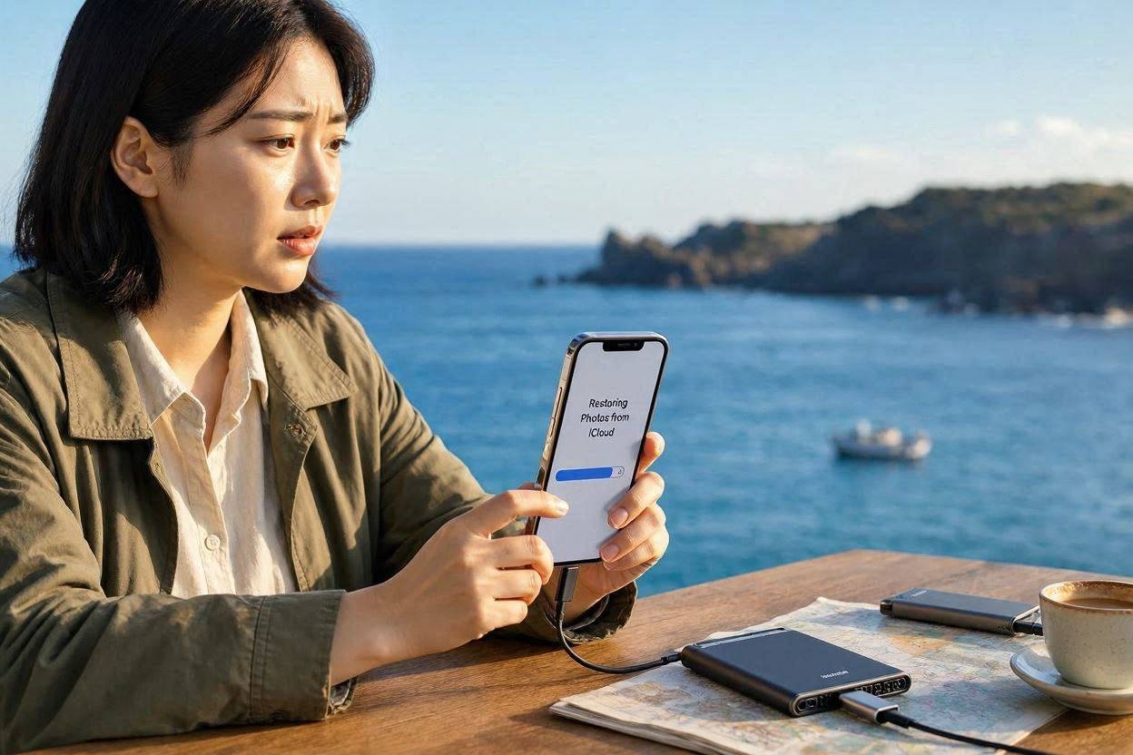 여행 중 아이폰 사진 여성이 제주 바닷가 심각한 상황에 당황하는 모습이다.